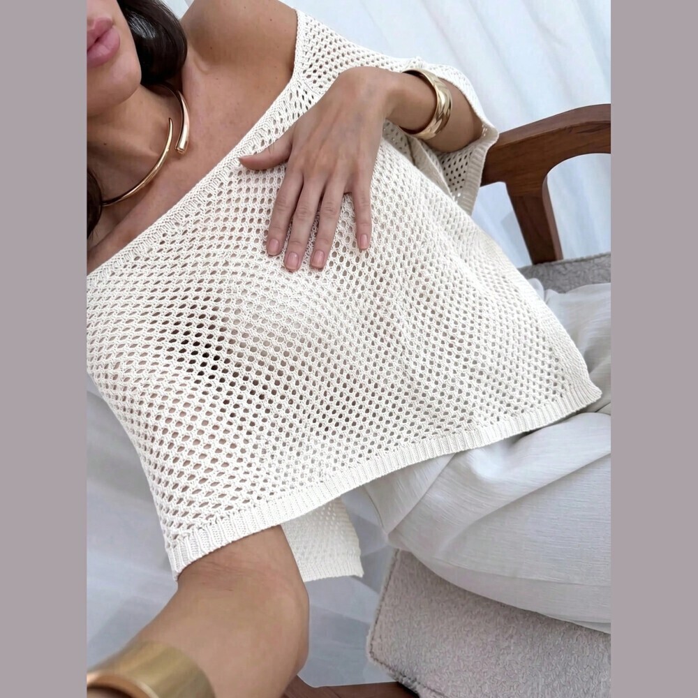Ivory Crochet Knit Asymmetrical Neck Oversized Crop Sweater